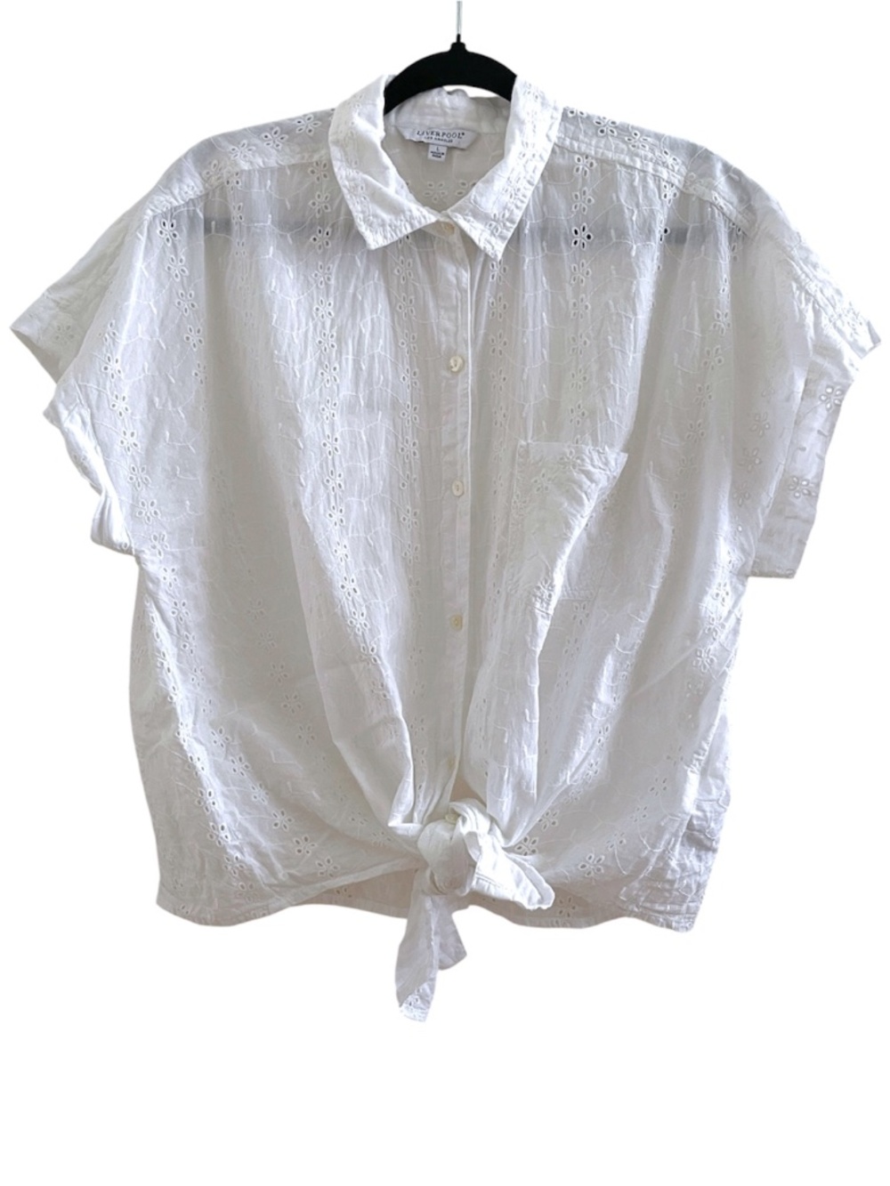 White floral eyelet tie-front shirt